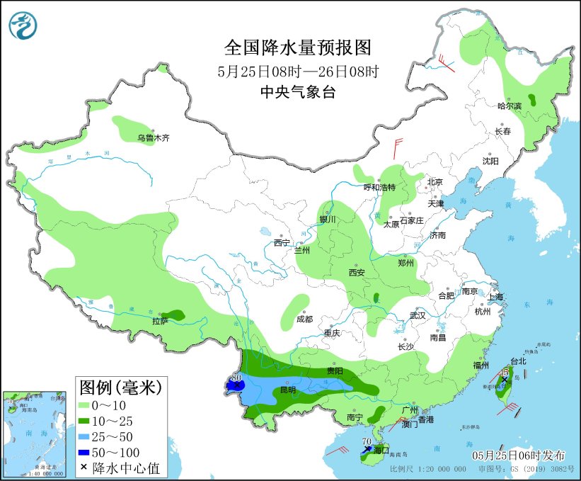 图1 全国降水量预报图(5月25日08时-26日08时)