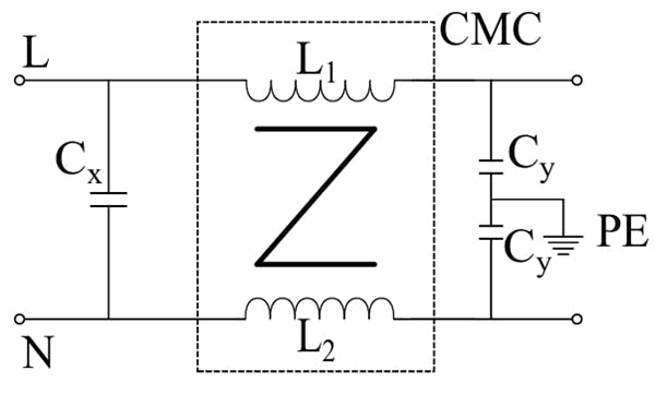 图7. 此图是单级 EMI 滤波器的示意图（图片由参考文献 2 提供）