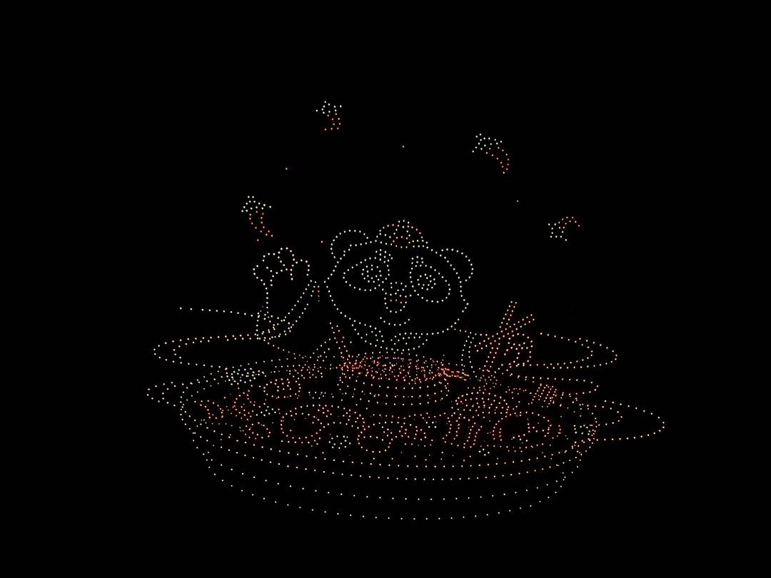 无人机阵列组成的熊猫吃火锅图案