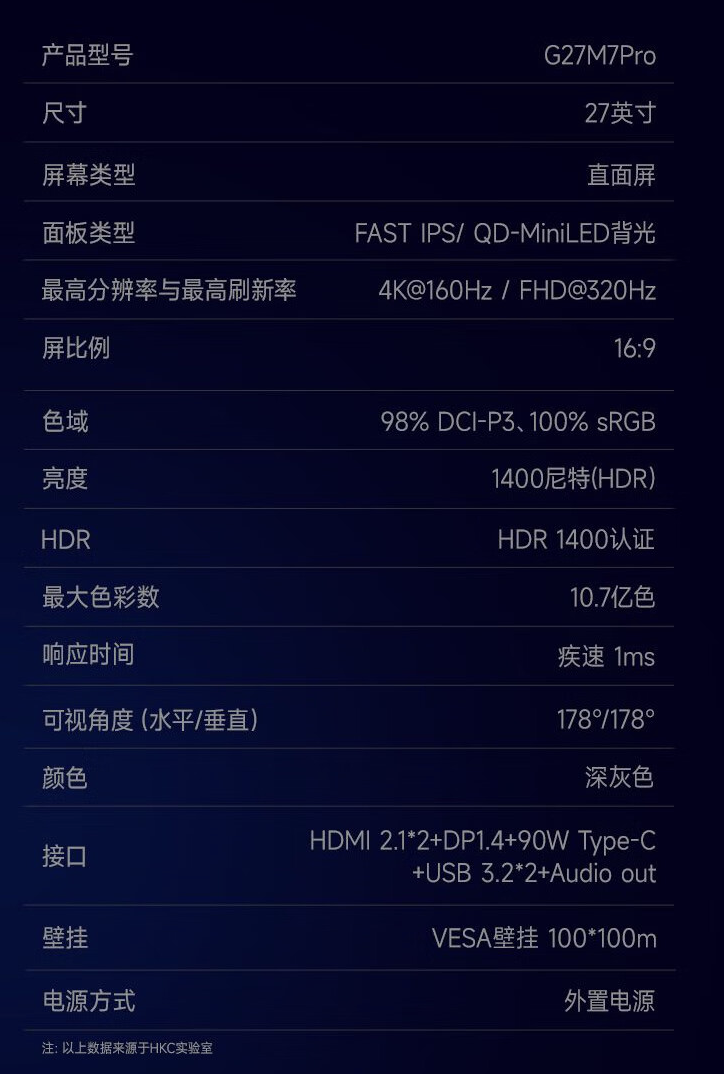 京东HKC 27 英寸显示器 G27M7Pro4K 160Hz / FHD 320Hz 双模国补后 2018.21 元直达链接