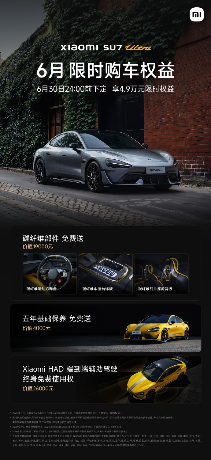小米SU7 Ultra Model Model限时购买权在6月宣布:自上