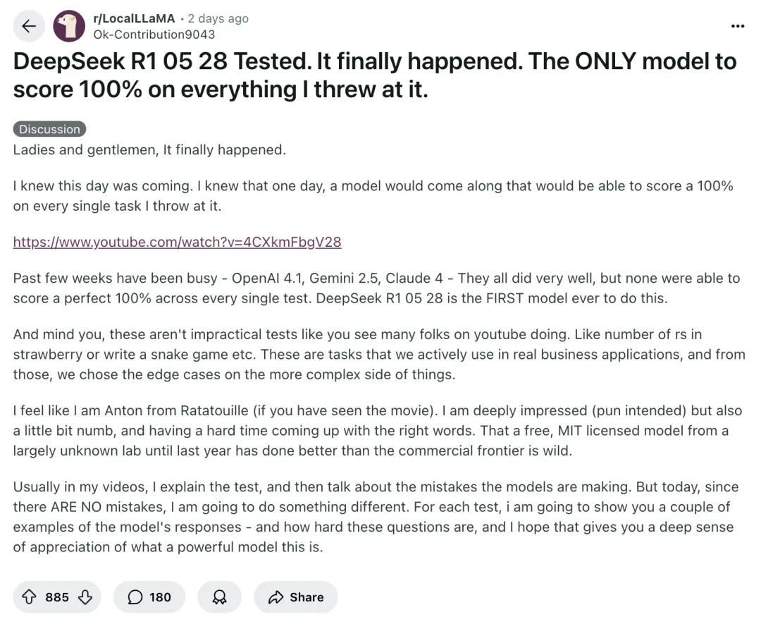 reddit 社区关于 DeepSeek 更新的帖子｜图片来源：reddit  