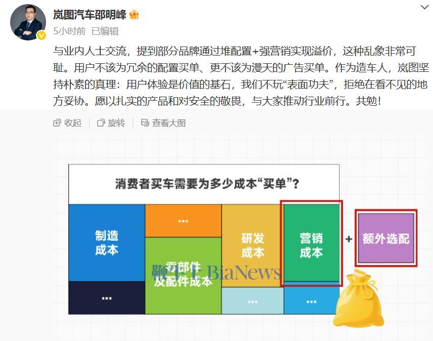 Lantu高管Shao Mingfeng批评了“桩配置 +强营销”的困