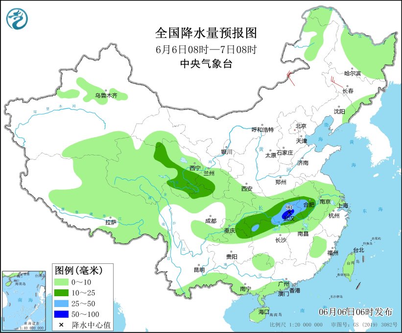 图1 全国降水量预报图(6月6日08时-7日08时)