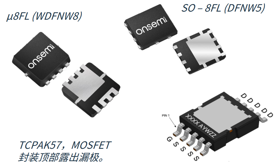 图 5： T10 MOSFET（底部散热）和替代方案TCPAK57（顶部散热）的常规封装。