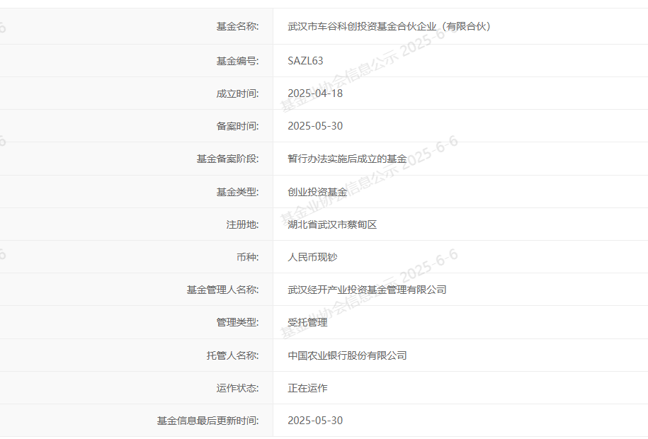 Wuhan Chegu科学技术创新基金已完成注册