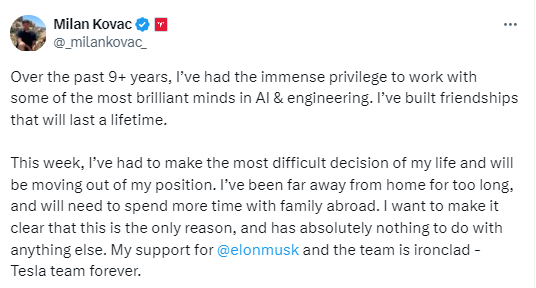 特斯拉机器人Optimus人类项目的负责人宣布了他的