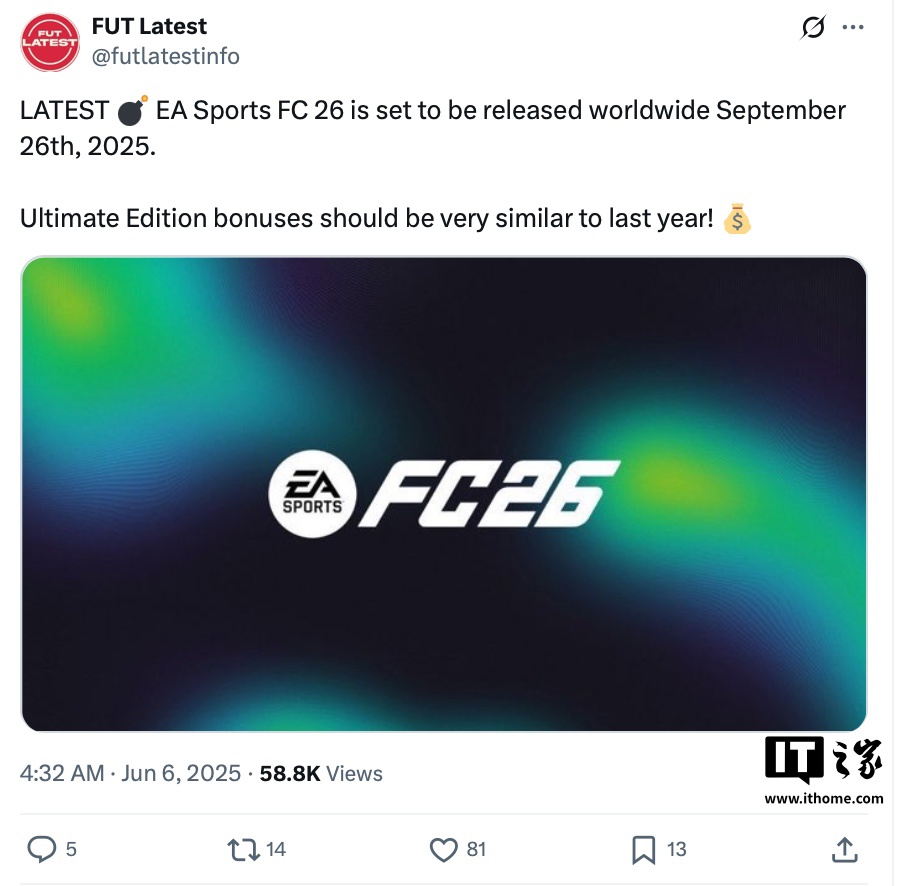 据报道，新的足球比赛“ EA Sports FC 26”将于9月