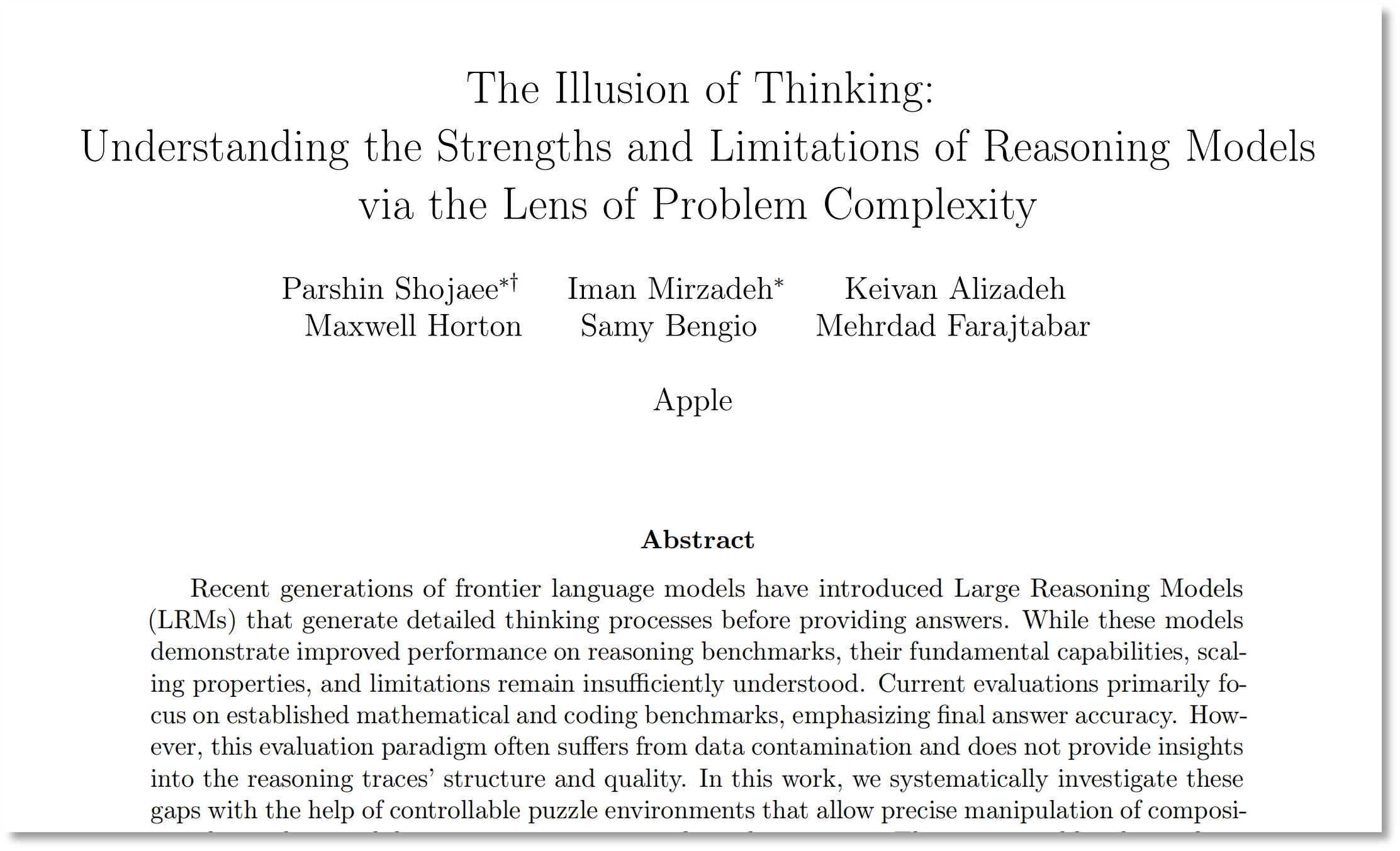 图片来源：论文《思考的幻象：通过问题复杂性的视角理解推理模型的优势与局限》