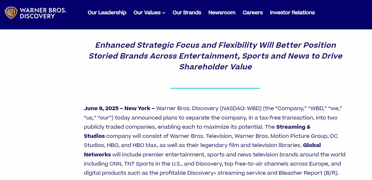 华纳兄弟探索公司明年将拆分股价盘前飙升10%