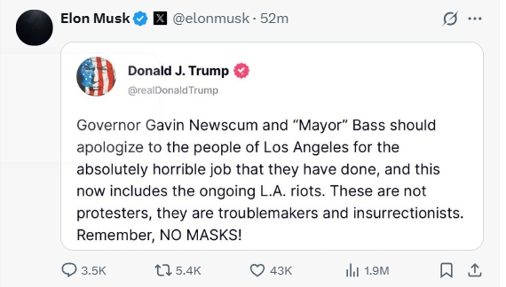 马斯克转发特朗普帖文。