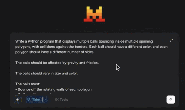 Magistral Medium 展示了自身的编程能力，一次生成输出的代码就能模拟出重力、摩擦力。