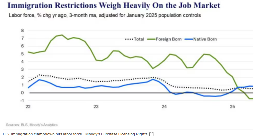 特朗普的移民限制措施严重打击了移民劳动力（绿线）