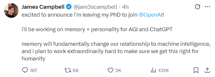 授予他的博士学位加入Openai，他想向Chatgpt和Agi介