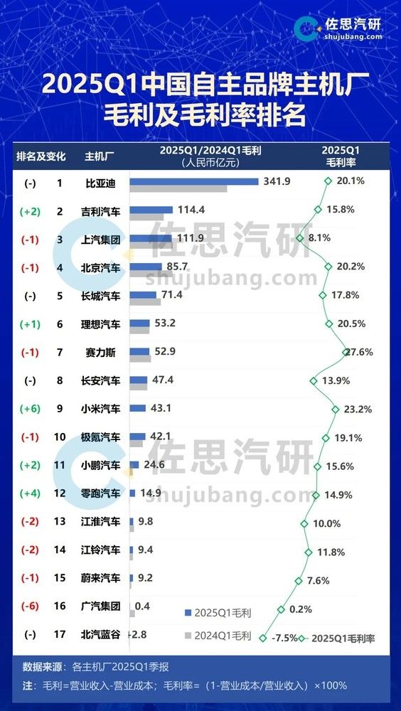 在2025年第一季度,中国汽车制造商首次被归类,总收益为3419亿元人民