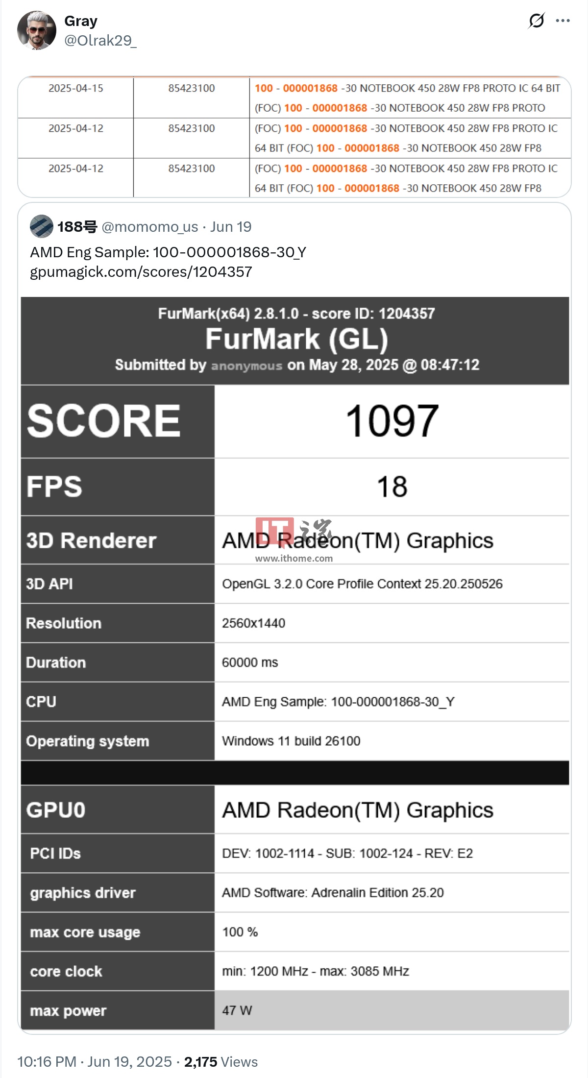 AMD "450" 处理器核显 FurMark 跑分曝光，与 Radeon 780M 大致相当