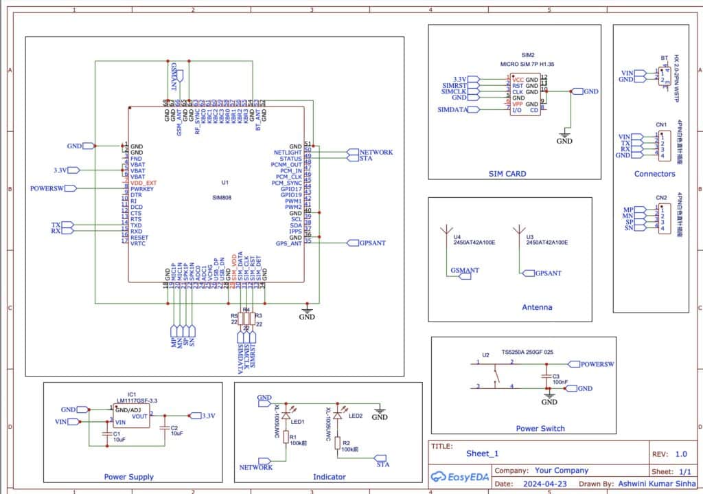 图 7.GPS 和 GSM 组合模块的完整电路用于微型 3cm GPS 和 GSM 模块的 