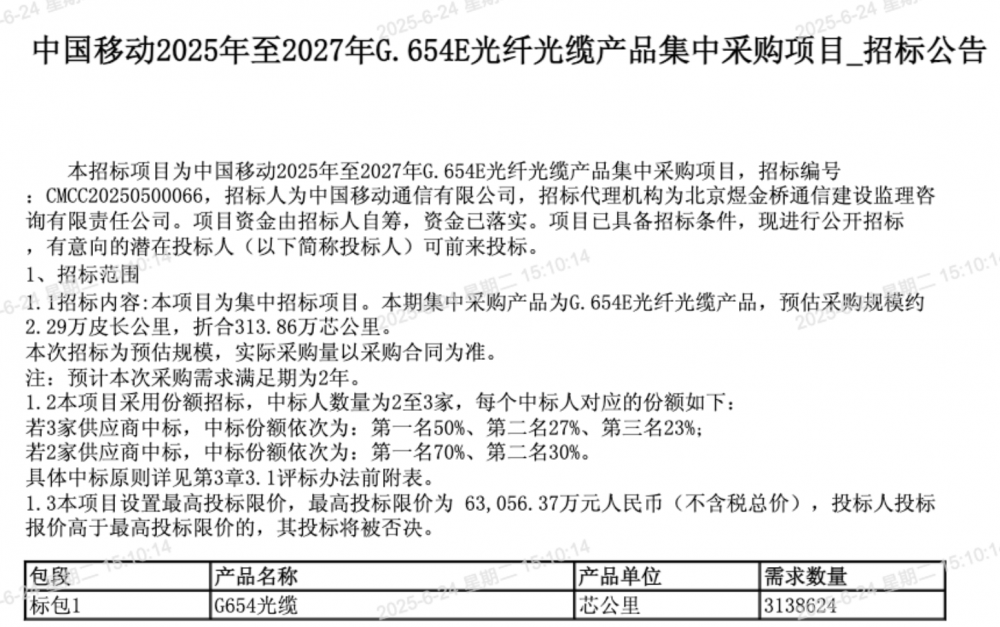 中国移动G.654E光纤电缆产品采购：比例尺
