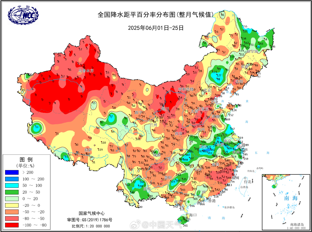 全国降水呈"东多西少"分布,共发生3次较强区域暴雨过程,均发生在南方