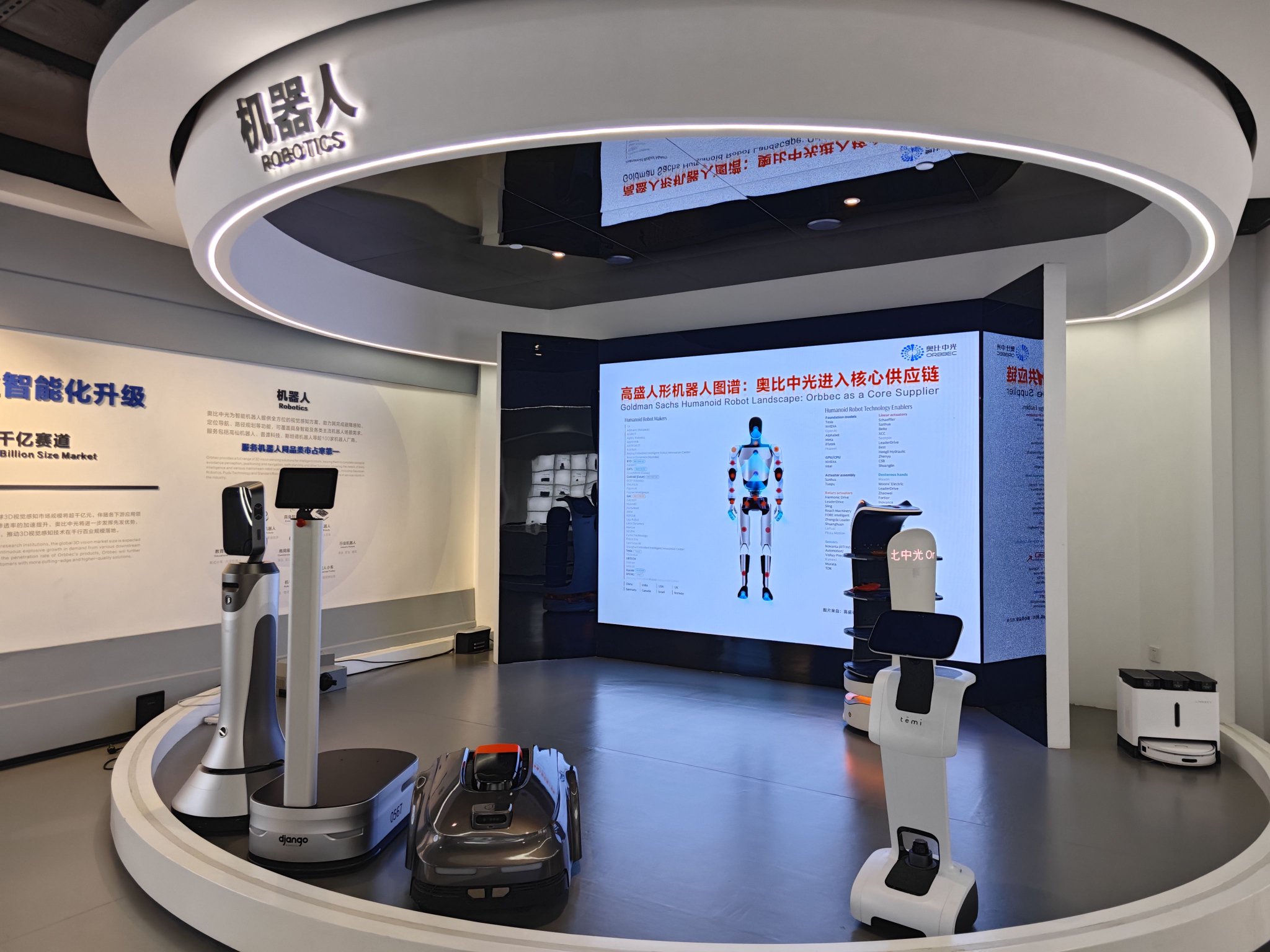 多台搭载奥比中光3d视觉传感器的服务机器人在该公司展厅进行展示