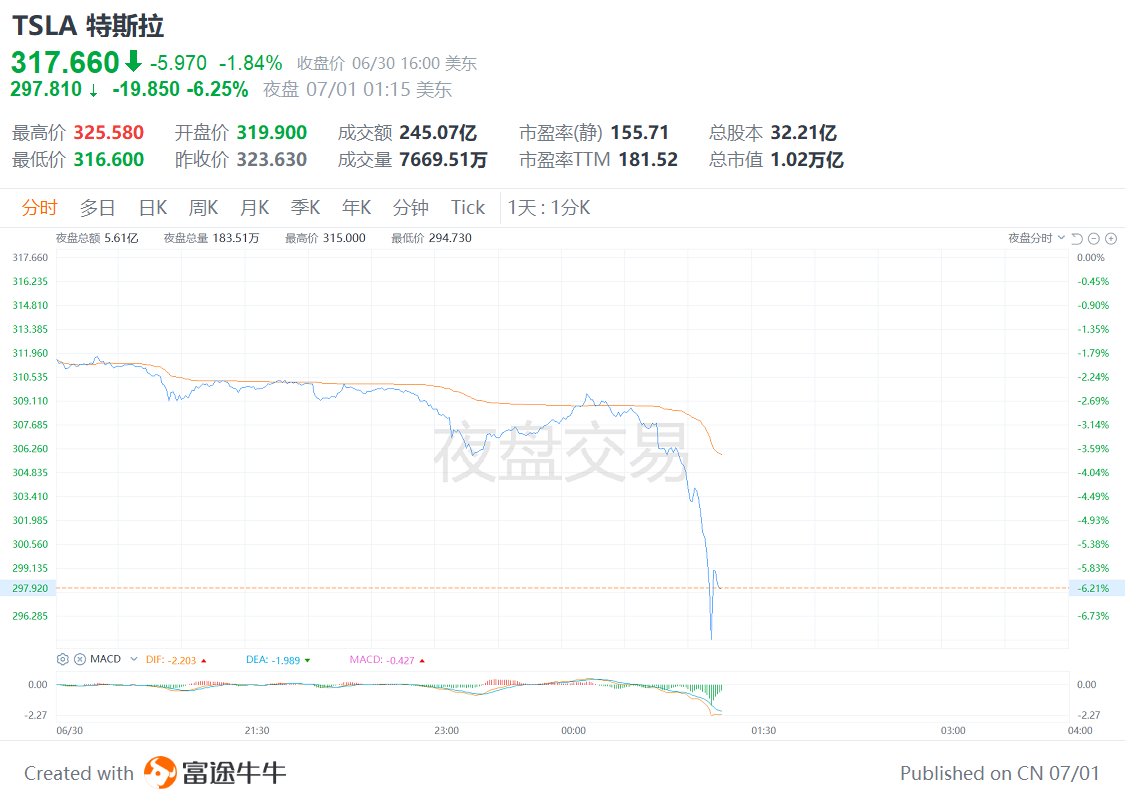 特斯拉夜盘跳水大跌超7%，跌破300美元