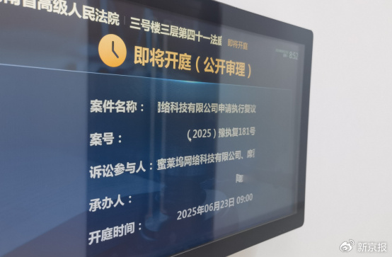 2025年6月23日,河南省高院就蜜莱坞公司申请的执行复议召开听证会。 新京报记者 程亚龙 摄