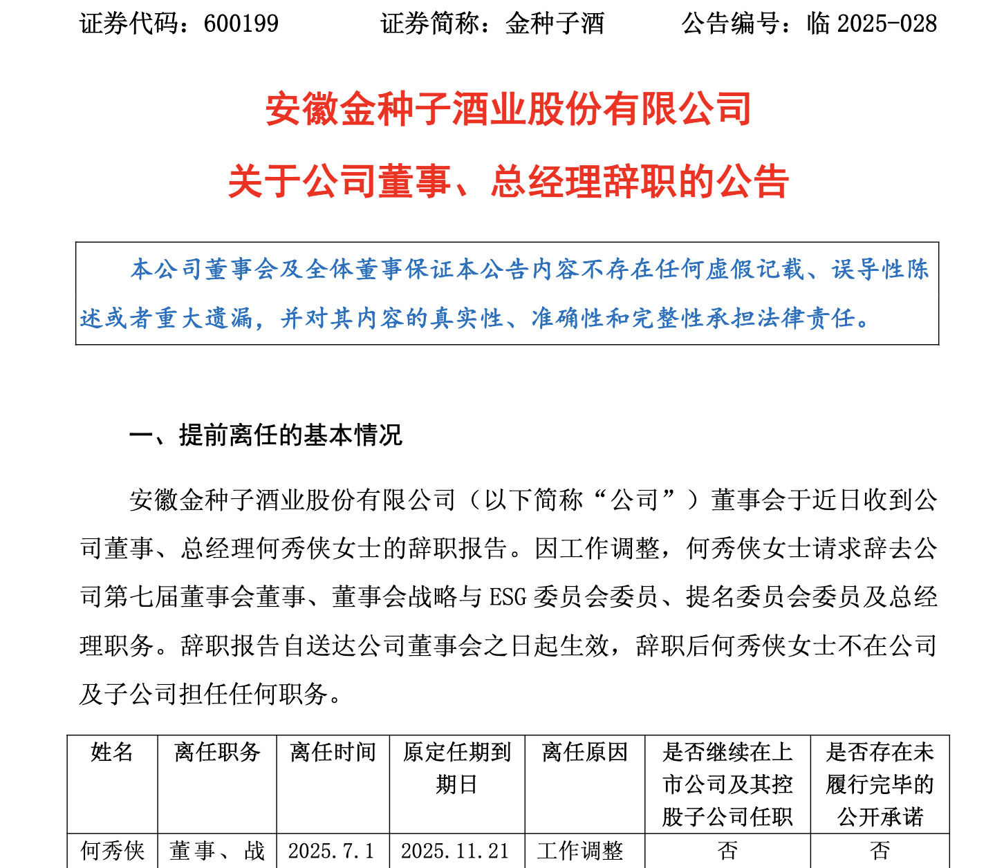 董事总经理何秀侠辞职未获感谢，金种子酒三年亏损近五亿