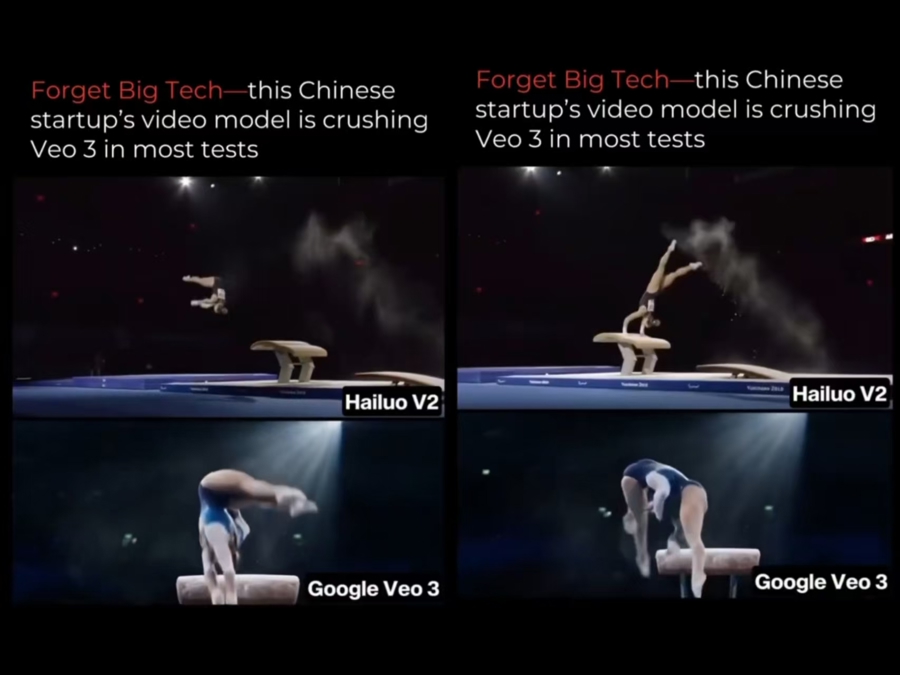 同为跳马，Hailuo 02实现了对物理世界规律的极致理解，可见谷歌Veo3生成视频出现肢体错乱扭曲不符逻辑