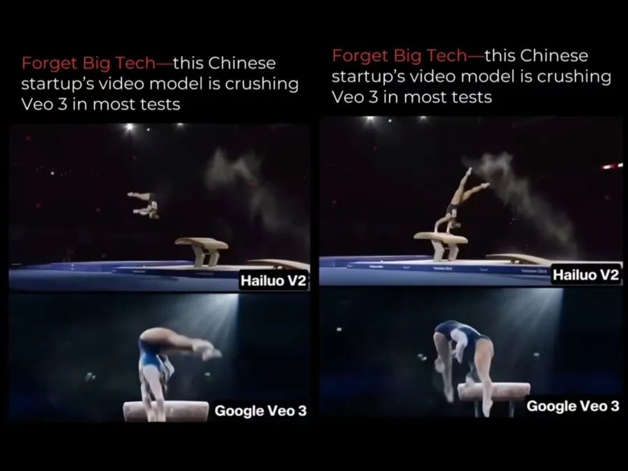 同为跳马，Hailuo 02实现了对物理世界规律的极致理解，可见谷歌Veo3生成视频出现肢体错乱扭曲不符逻辑