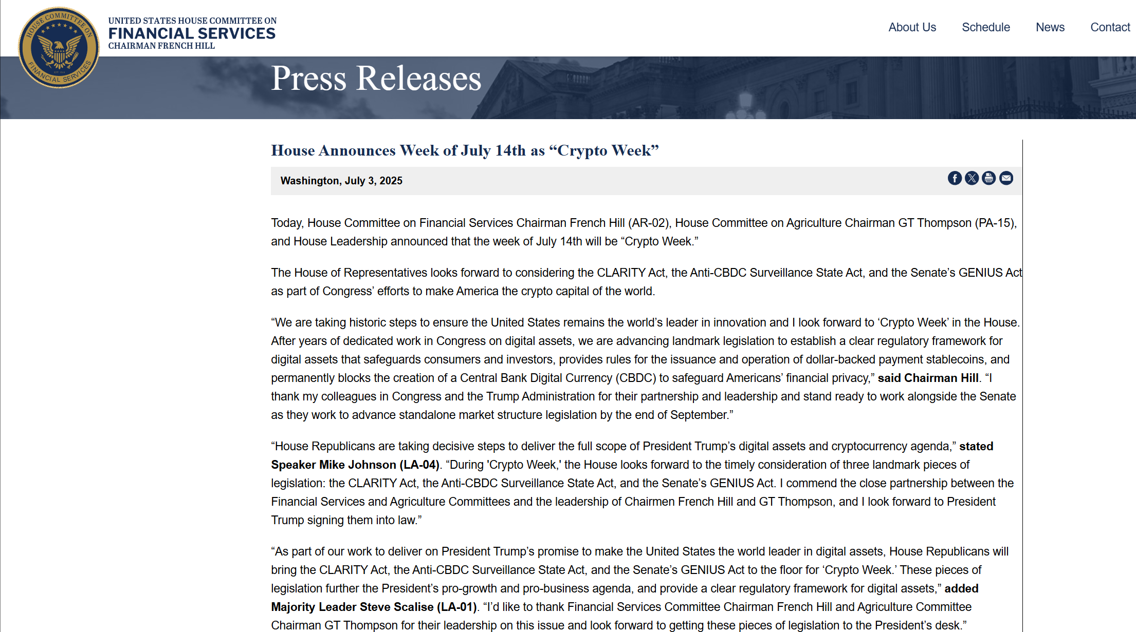 美国众议院宣布将7月14日当周定为“加密货币周”