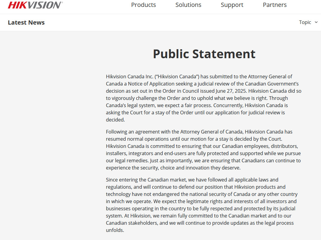 来源：海康威视加拿大公司官网