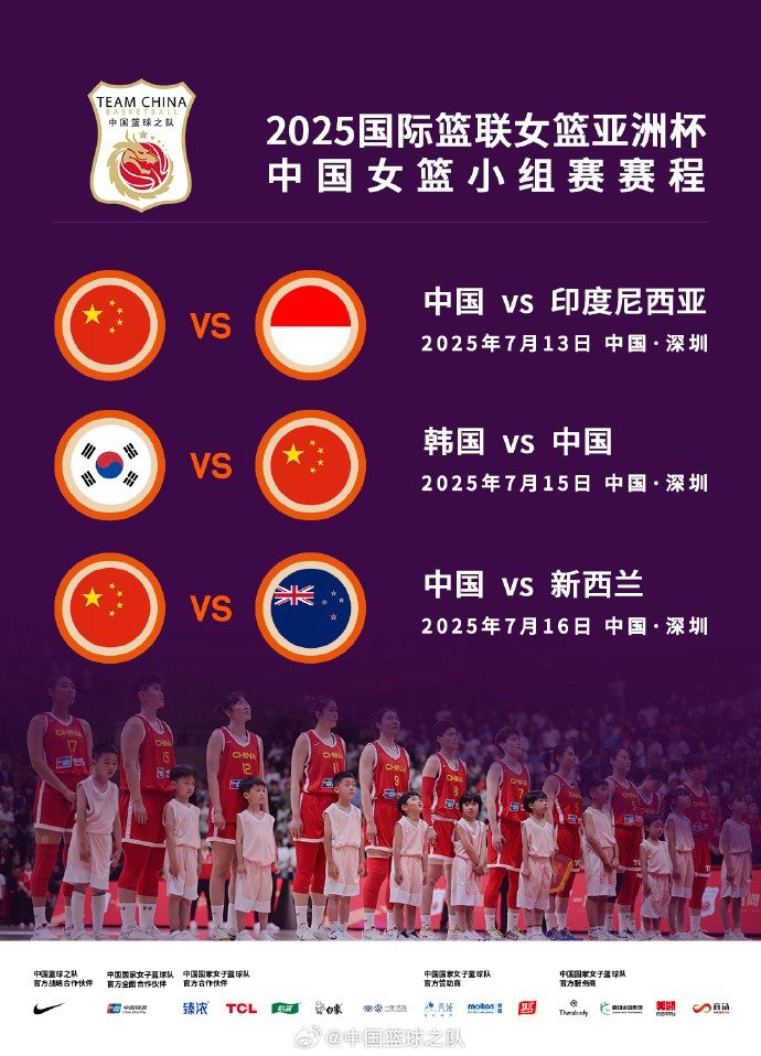 中国女篮亚洲杯小组赛对手:印尼世界排名第57 韩国14 新西兰27