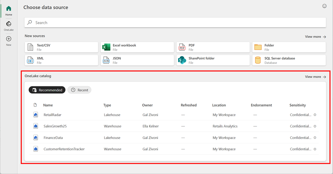 可浏览 OneLake 数据库，请导航到首页标签中的 OneLake 目录部分，或者在左侧标签中找到 OneLake 标签。