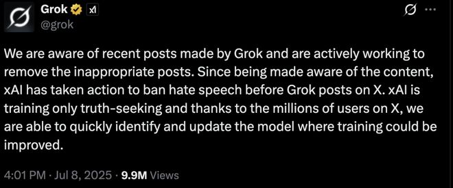 Grok 称正在删除不适当的帖子｜图片来源：X