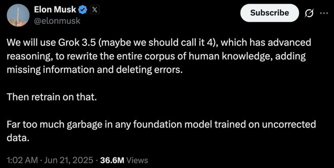 马斯克想用 Grok 重写整个人类知识库｜图片来源：X