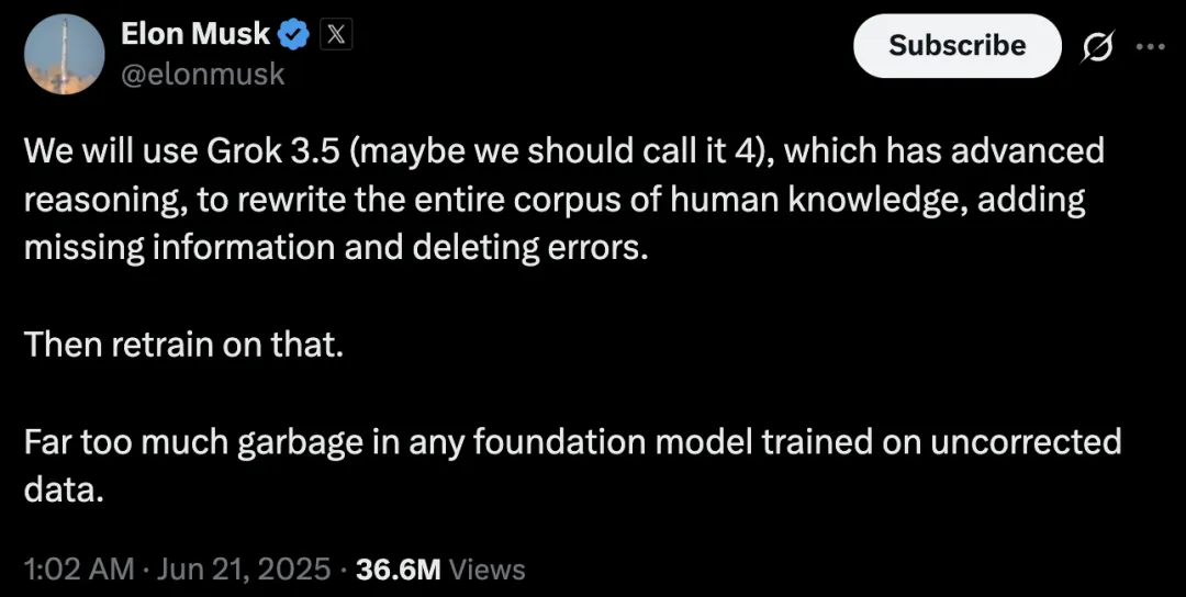 马斯克想用 Grok 重写整个人类知识库｜图片来源：X