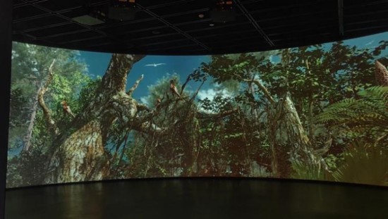 入口大厅的热河生物群投影展示（左图）及瀑布投影体验区（右图）是朝阳市古生物化石博物馆的亮点