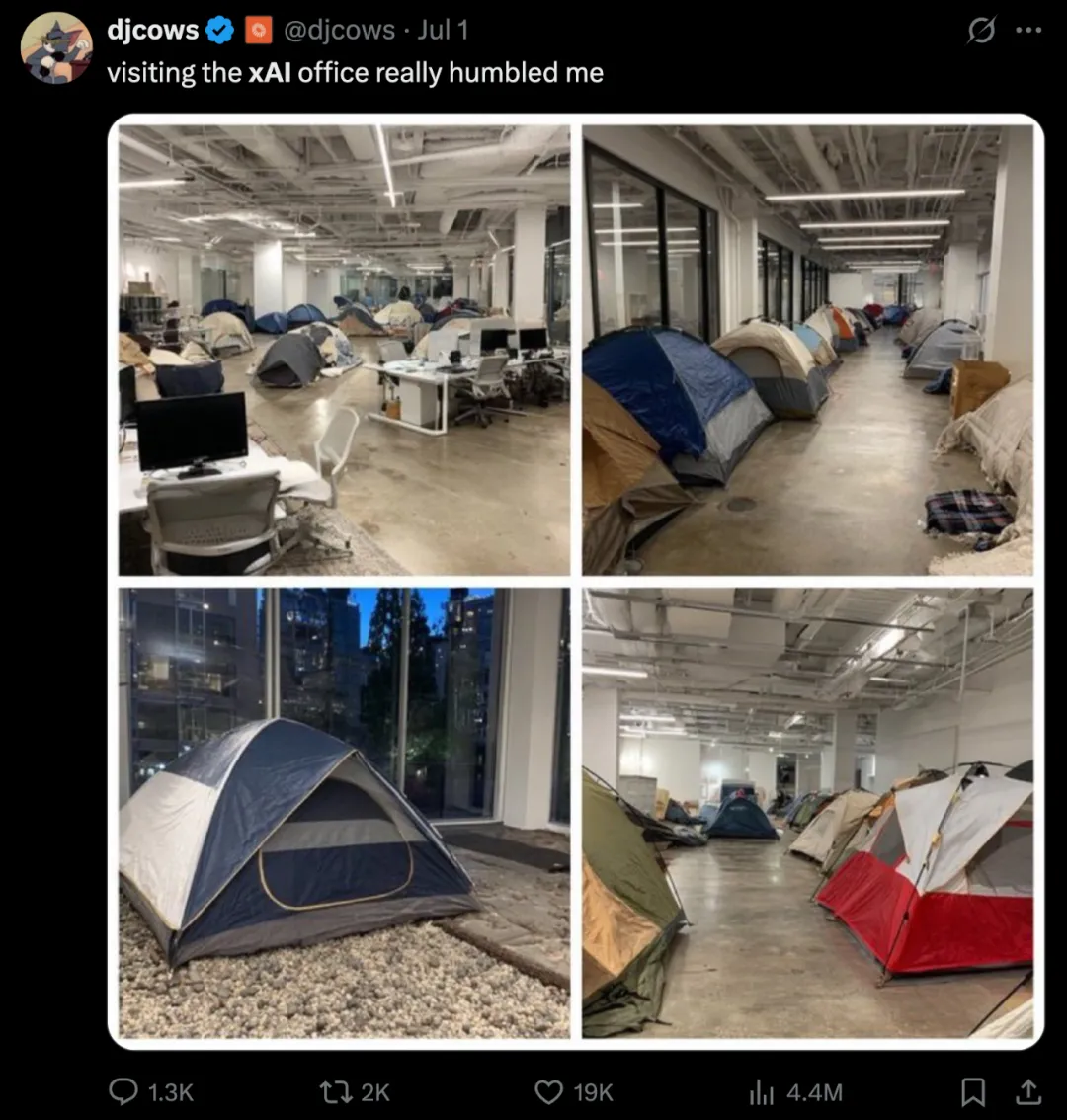xAI 员工据称在办公室搭帐篷睡觉｜图片来源：X