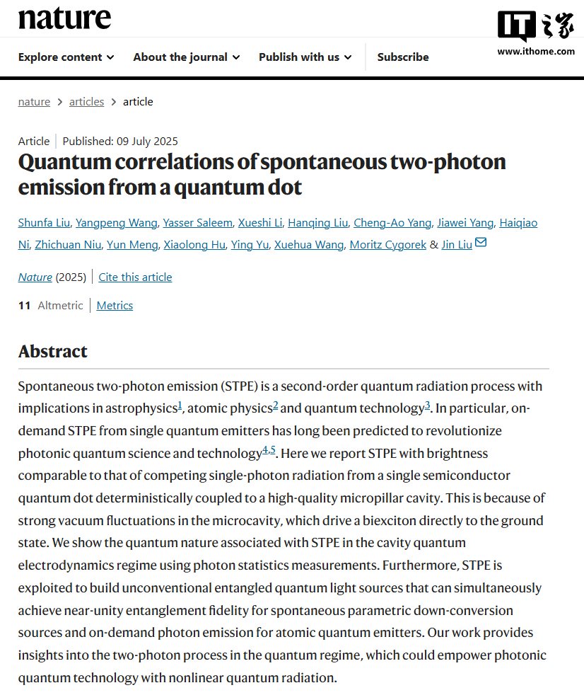 中国科学家研发纳米“双光子工厂”：量子纠缠光源保真度 99.4%，成果登上《自然》