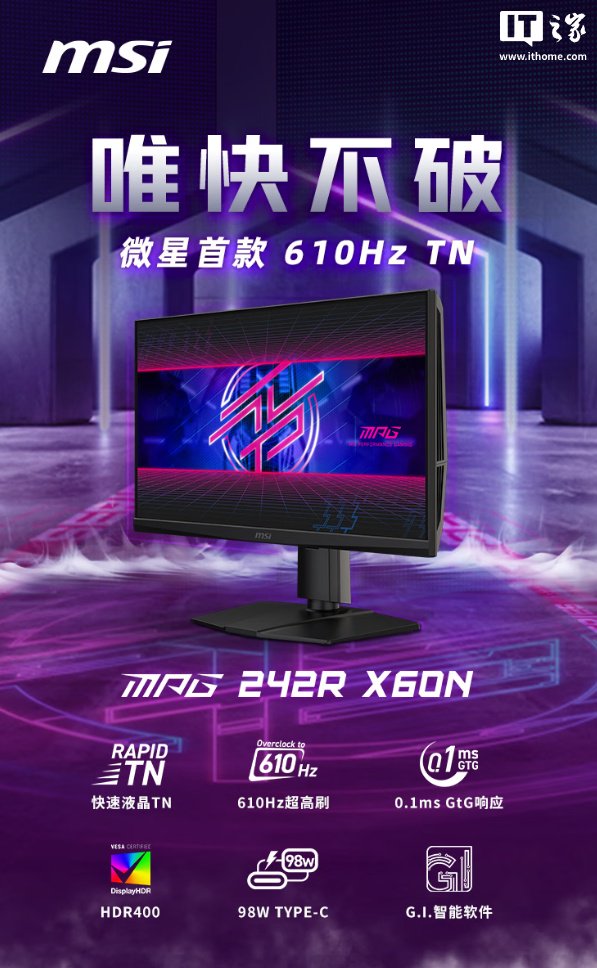 微星首款 610Hz 显示器“MPG 242R X60N”上市：0.1 ms 响应时间，7999 元