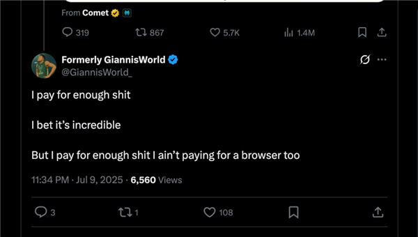 不少用户对 Comet 目前的测试策略表达了愤怒 ｜ 图片来源：Twitter