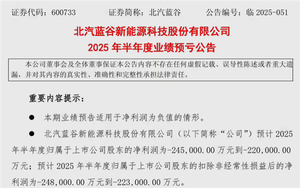 北汽蓝谷财报预警：上半年亏损或达24.5亿元