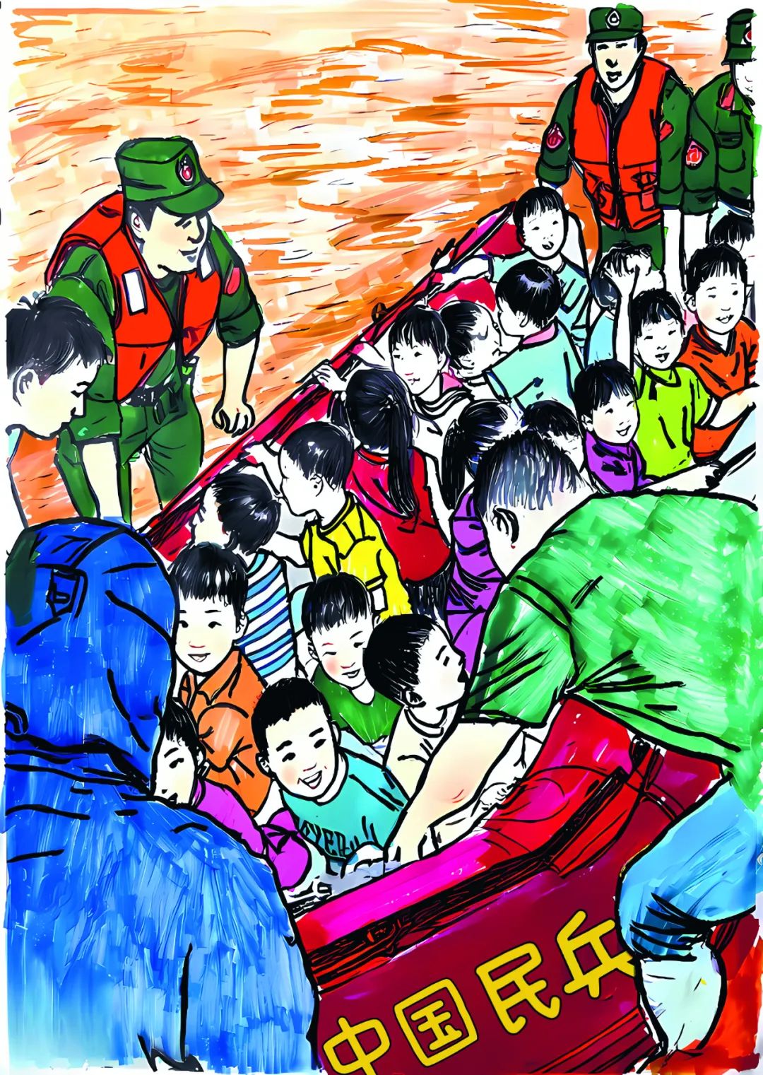 童心画笔致敬抗洪迷彩身影