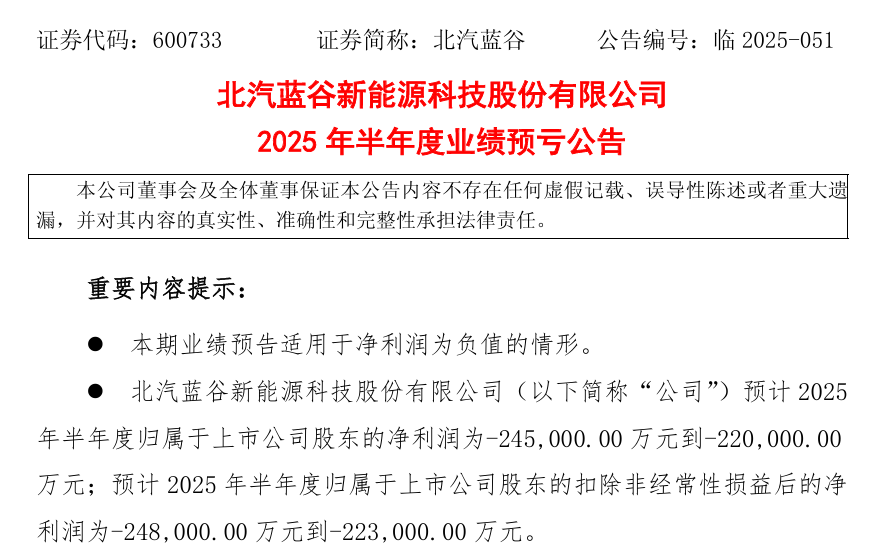 北汽蓝谷预计 2025 上半年净亏损 22 亿元到 24.5 亿元