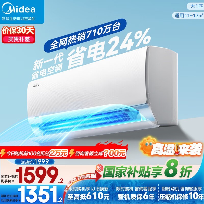 美的变频空调大1匹新一级能效，国补叠加券后价1511元
