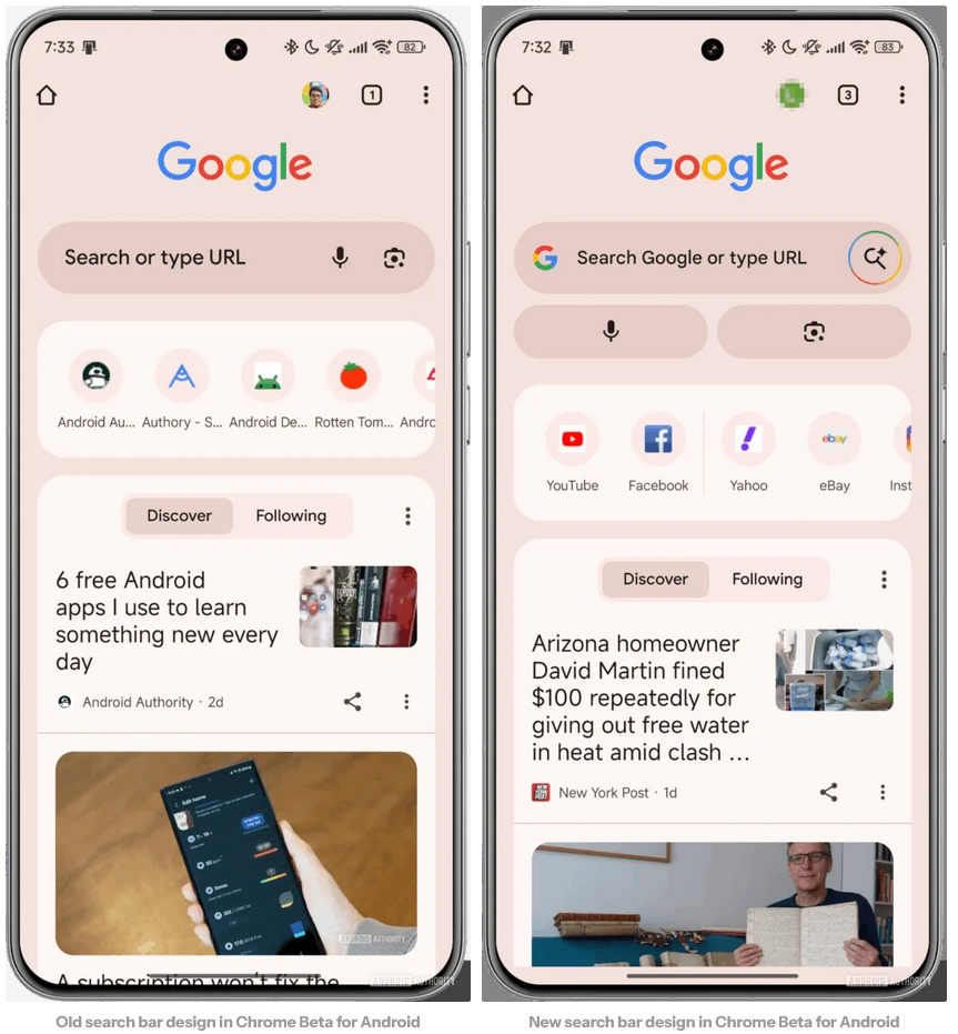 谷歌安卓版Chrome 浏览器正测试新搜索栏，新增AI Mode 搜索入口