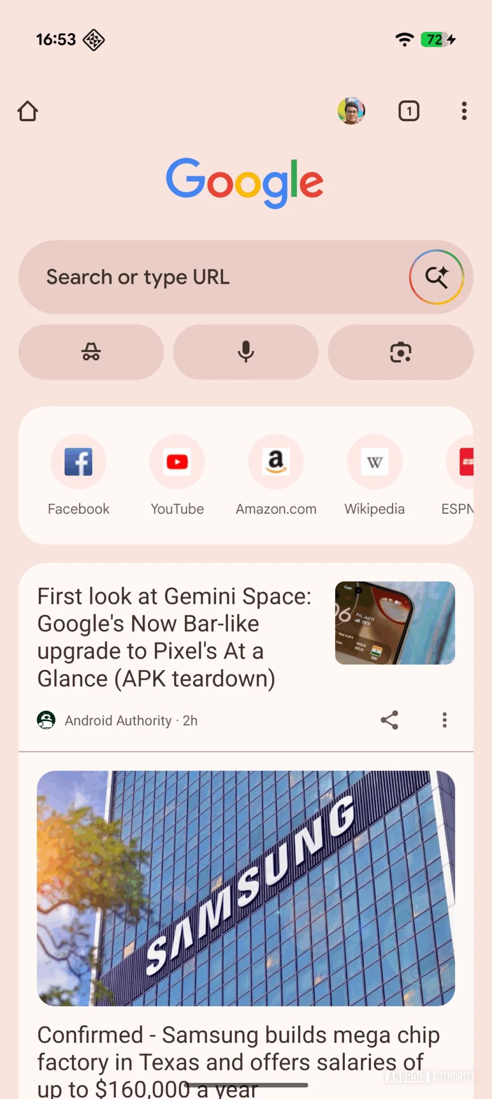 谷歌安卓版Chrome 浏览器正测试新搜索栏，新增AI Mode 搜索入口