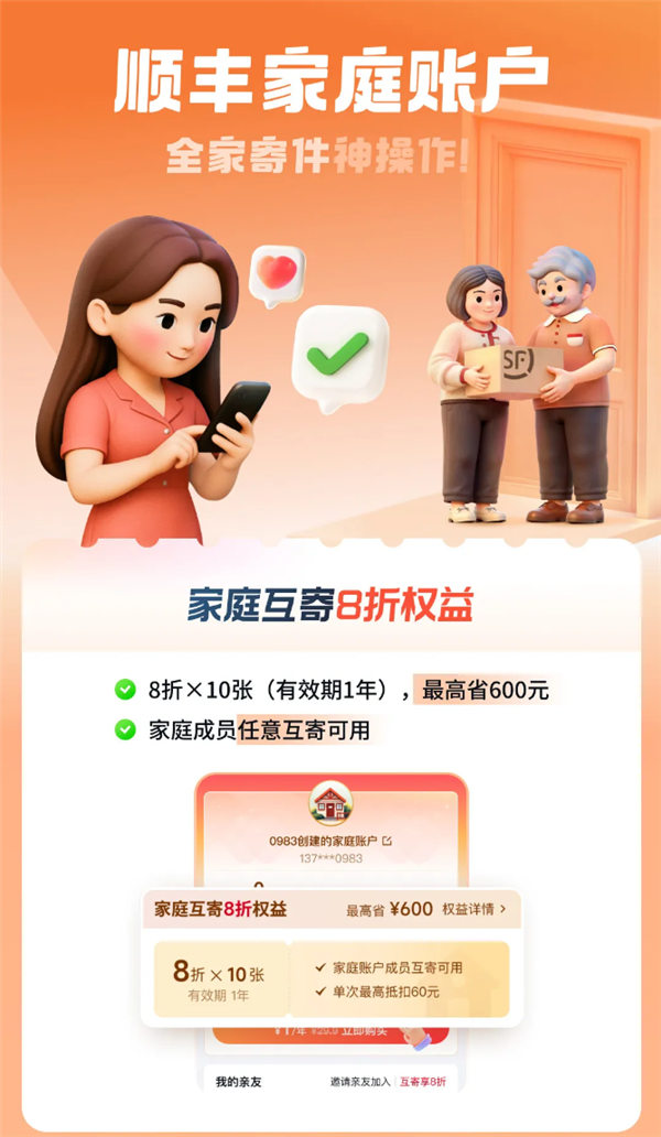 顺丰家庭账户上线：家人互寄享8折 最高可省600元