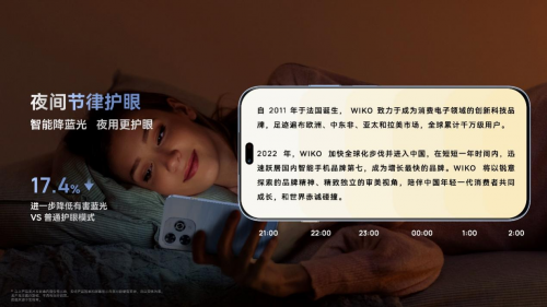 2.行业首创AI柔光护眼灯，机身配备X键物理快捷键，WIKO郑重推出“365天只换不修”品质保障权益，柔光灯与屏幕光源共同形成前后双光源立体光场，创新引领“星眸护眼”<p cms-style=