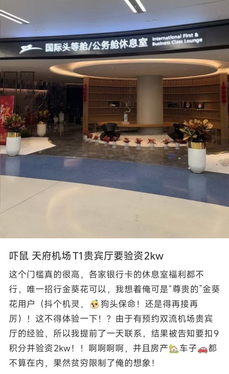 网友发帖称，进入天府国际机场贵宾厅需要验资。 网络图